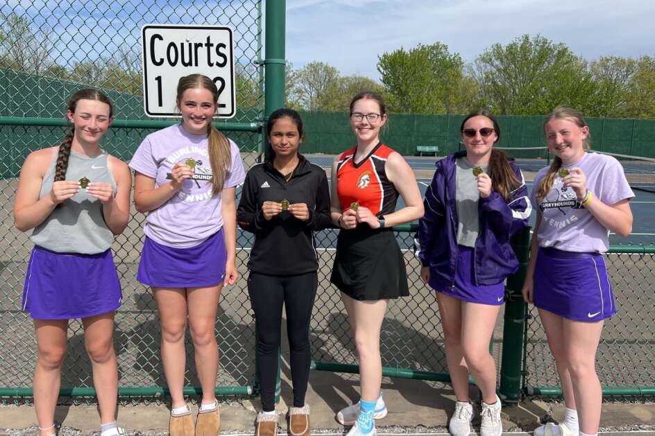 Fairfield's Sriya Yammanur and Emma Wendland (center) were second overall in doubles at the Southeast Conference Girls Tournament on Thursday, May 2, 2024. (Photo submitted)