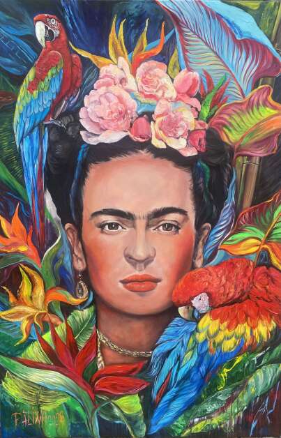 Mount Vernon's 2024 Chalk the Walk community mural features the artwork “Frida Kahlo with Parrot,” by Alina Dalinina from Zhytomyr, Ukraine. The committee chose a Frida Kahlo theme since the festival is being held May 4 and 5, during traditional Cinco de Mayo observations. (Courtesy of Chalk the Walk)