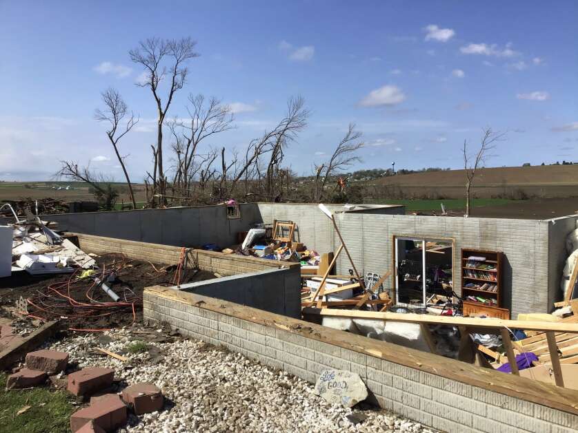 An EF3 tornado with winds up to 160 mph cut a nearly mile-wide swath April 26 though Iowa's Pottawattamie and Shelby counties, damaging some 180 structures in Minden -- including ripping away most of this house. (Photo courtesy of the National Weather Service) 