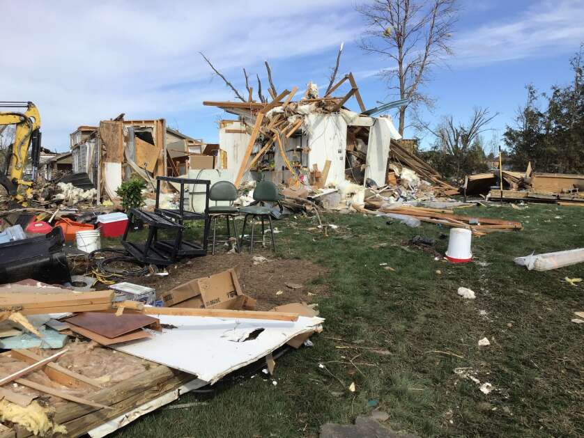 An EF3 tornado with winds up to 160 mph cut a nearly mile-wide path April 26 though Western Iowa's Pottawattamie and Shelby counties, damaging some 180 structures in the small town of Minden, including this home as pictured by a National Weather Service damage assessment team. (Photo courtesy of the National Weather Service) 