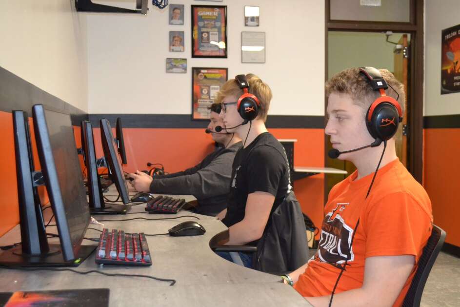 From right, Fairfield High School Esports Club members Izayah Diehl, Kevin Dorothy and Antonio Manning practice in the school’s Esports room. (Andy Hallman/The Union)