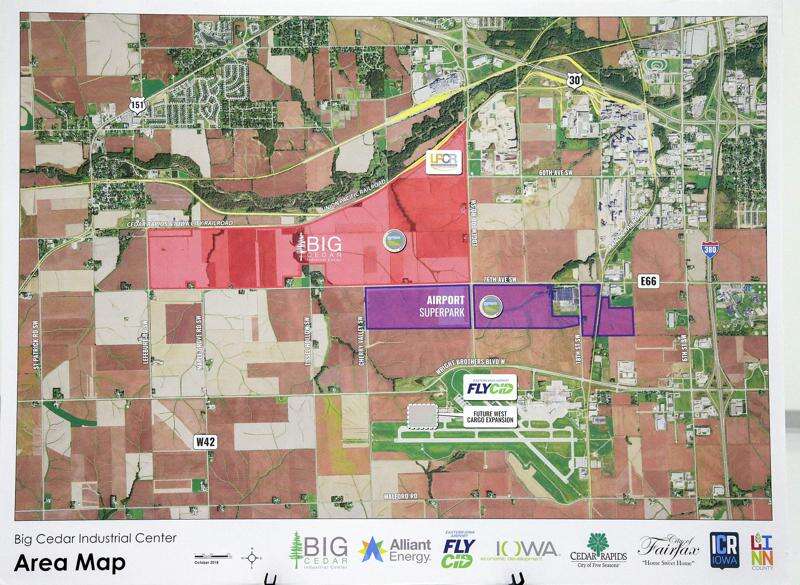 A map showing the location of the Big Cedar Industrial Center north of The Eastern Iowa Airport is seen Oct. 24, 2018, during an announcement that the area has achieved official Mega Site certification. (Jim Slosiarek/The Gazette)