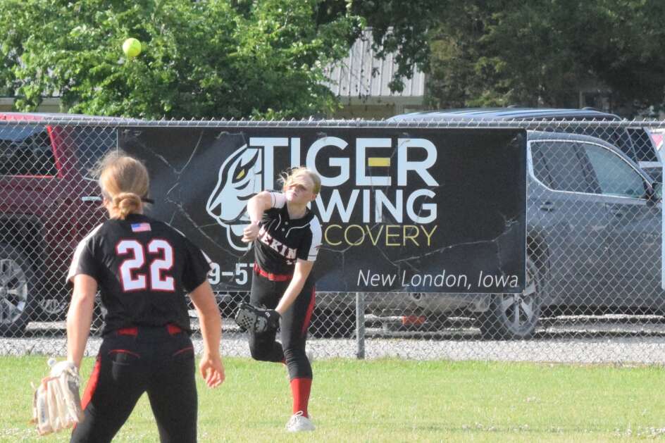 Beijing's Katelynn Schultz launches to her cutoff during the Panthers' game against New London, Monday, June 17, 2024. (Hunter Moeller/The Union)