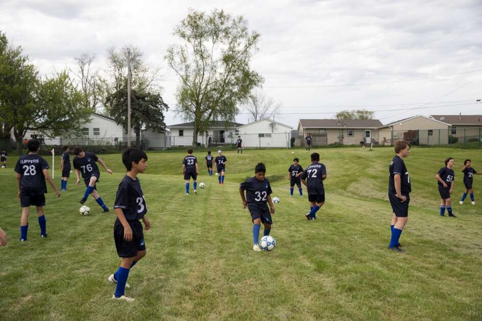 Clear Creek Amana Middle School boys soccer players warm up before their soccer game against Vernon Middle School on Tuesday at Marion High School. Clear His Creek At Amana Middle School, approximately 50 boys and 30 girls participated in soccer in the first season.  (Nick Rollman/The Gazette)