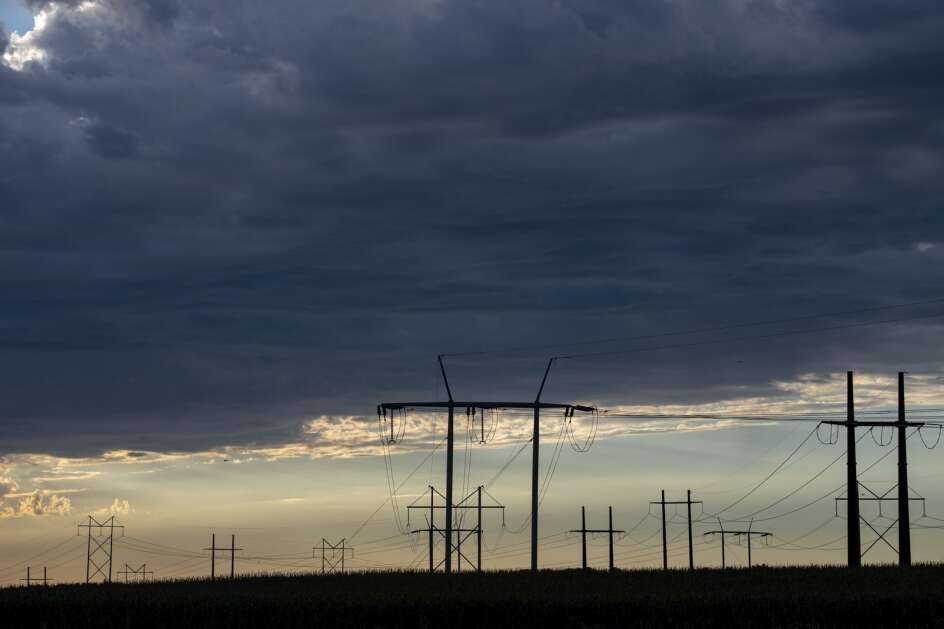 Electricity transmission lines near the Duane Arnold Energy Center near Palo are pictured Aug. 29, 2022. The former nuclear power plant site is central to a solar energy and energy storage development. (Nick Rohlman/The Gazette)