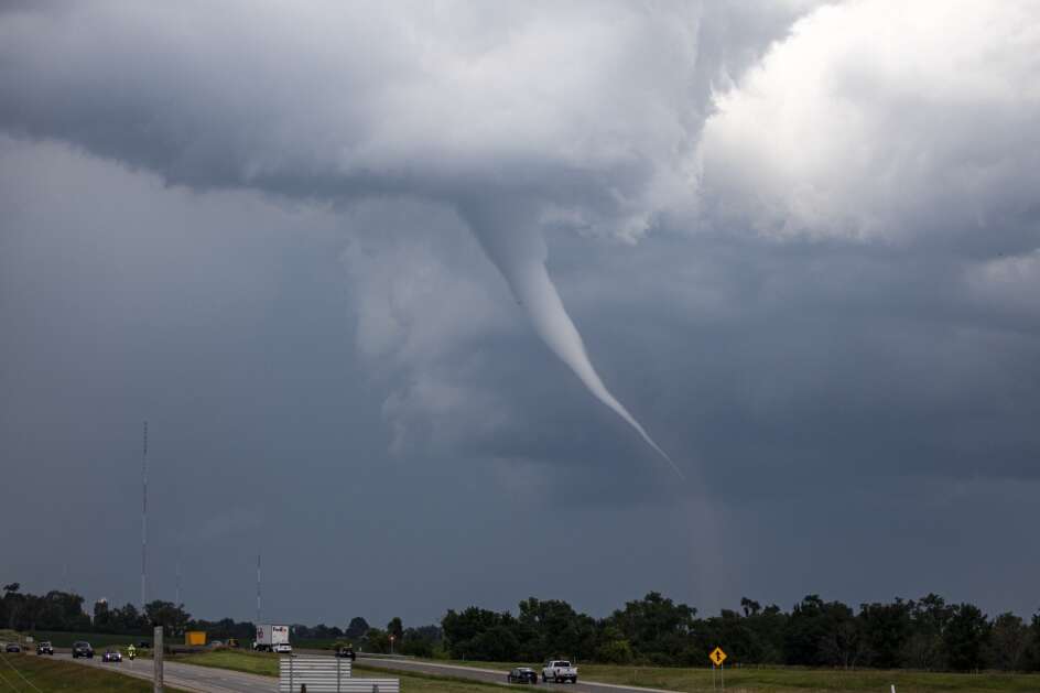 A tornado is seen near Cedar Rapids on June 25. The National Weather Service’s Quad Cities Bureau said it had confirmed 16 tornadoes from the storm system in its 36-county region that day. The bureau said it was the most storms from a single event since March 31, 2023, when there were 29 twisters in its forecast area. (Nick Rohlman/The Gazette)