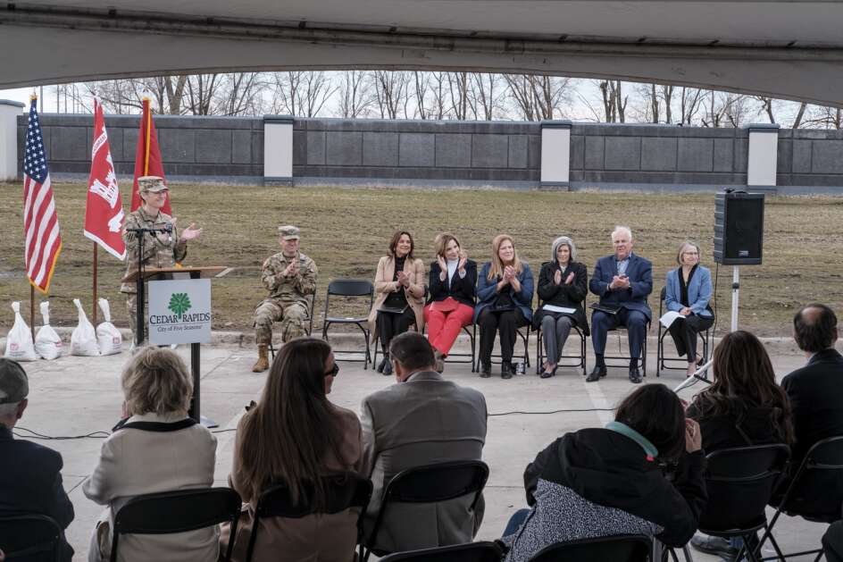 Brig. Gen. Kimberly Peeples, commander of the Army Corps of Engineers Mississippi Valley Division, speaks Thursday before a ribbon-cutting of the 12th Avenue floodgate. The Corps paid for the $6.39 million floodgate. (Nick Rohlman/The Gazette)