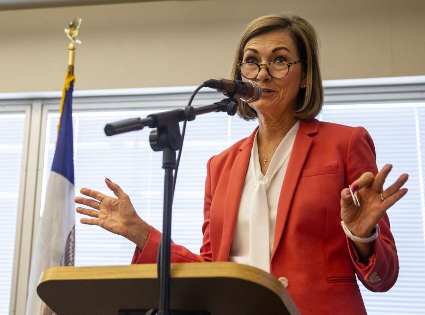Gov. Kim Reynolds speaks to hospital staff and members of the community about the need to keep PA’s in Iowa during the signing of House File 424 at Washington County Hospital in Washington, Iowa on Wednesday, May 10, 2023. (Savannah Blake/The Gazette)


