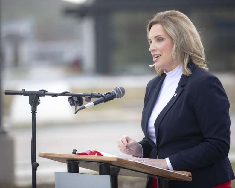 U.S. Rep. Ashley Hinson, R-Iowa, speaks before a Thursday ribbon-cutting ceremony for the new 12th Avenue SE floodgate in Cedar Rapids. (Nick Rohlman/The Gazette)
