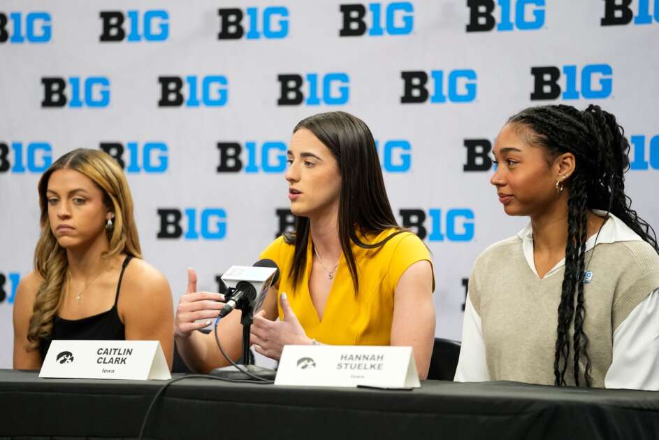 Iowa's Gabbie Marshall, left, Caitlin Clark, center, and Hannah Stuelke answer questions during Big Ten NCAA college basketball Media Days Monday, Oct. 9, 2023, in Minneapolis. (AP Photo/Abbie Parr)