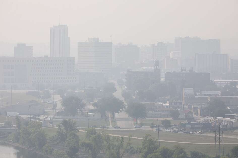 Haze obscures the skyline June 27 in Cedar Rapids. Smoke from wildfires in Canada caused low air quality and obscured visibility. (Nick Rohlman/The Gazette)