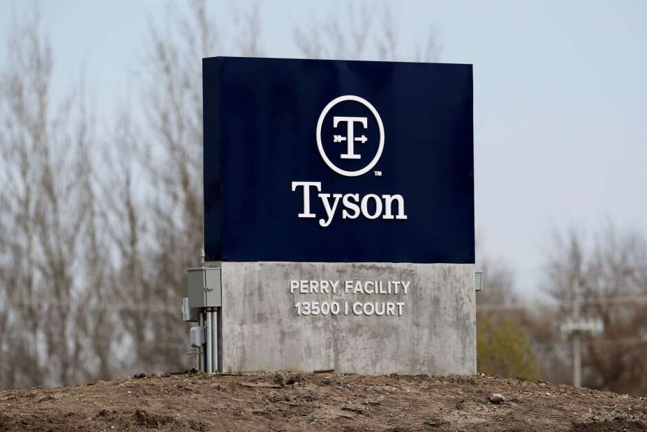 A sign from April 22, 2020, stands outside a Tyson Foods pork plant in Perry. Tyson Foods is closing the plant, affecting about 1,200 workers. (AP Photo/Charlie Neibergall)