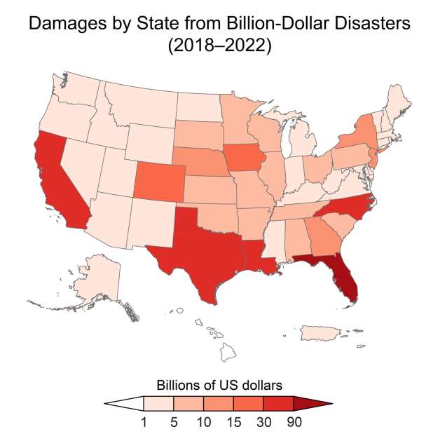 Billion-dollar weather and climate disasters are events where damages/costs reach or exceed $1 billion, including adjustments for inflation. Between 2018 and 2022, 89 such events affected the United States, including four droughts, six floods, 52 severe storms, 18 tropical cyclones, five wildfires and four winter storm events. Increasing costs over time are driven by changes in the assets at risk and the increase in frequency or intensity of extreme events caused by climate change. (NOAA National Centers for Environmental Information)