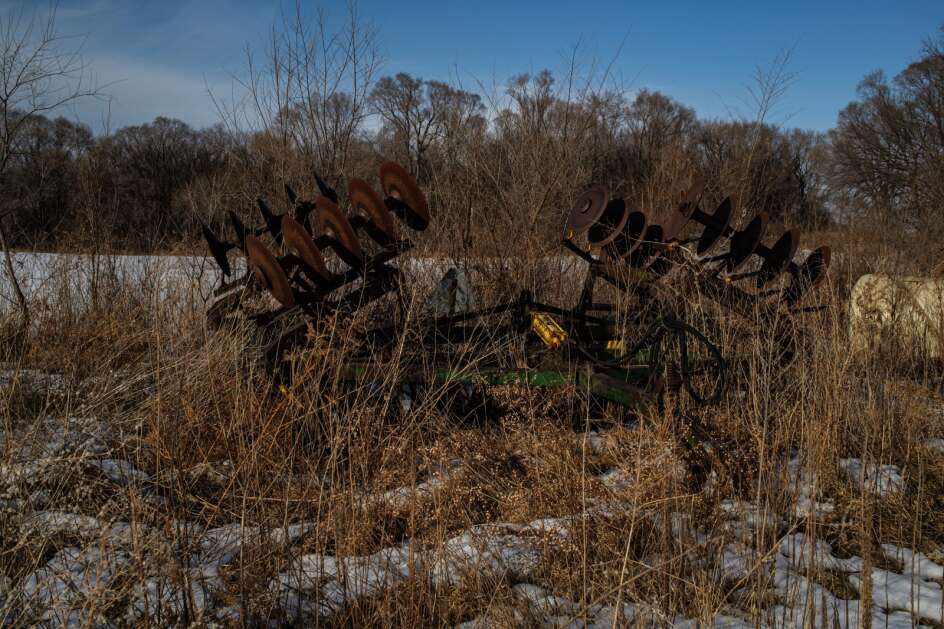 Tilling equipment sits unused on Mike Cook’s farm Feb. 8 near Waterloo. Cook, a retired mechanical engineer, has practiced no-till farming and a other soil conservation methods for several years. (Nick Rohlman/The Gazette)