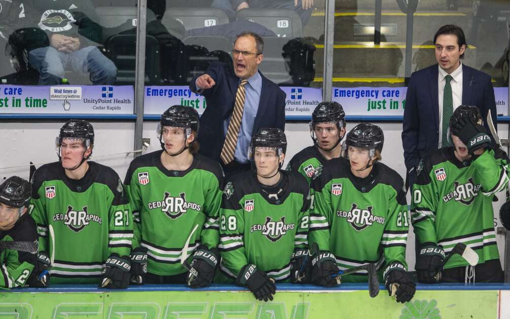 Roughriders head coach Mark Carlson shouts out to his players during their game against the Musketeers on Sunday, Jan. 28, 2024, at Imon Ice Arena in Cedar Rapids, Iowa.  (Savannah Blake/The Gazette)