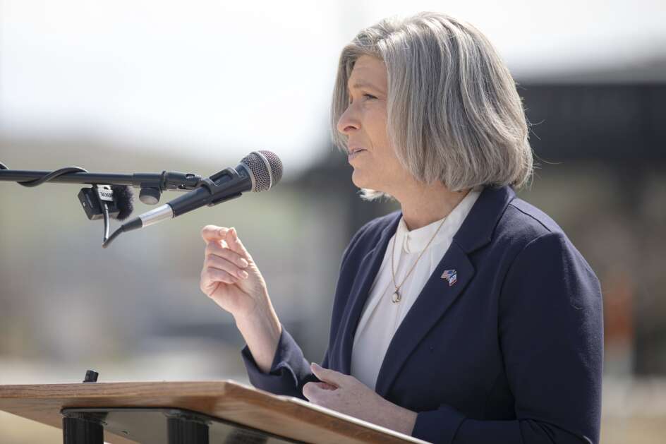 Sen. Joni Ernst, R-Iowa, speaks before a ribbon cutting ceremony for the 12th Avenue SE Roller Gate Closure, part of the Cedar River Flood Control System, in Cedar Rapids, Iowa on Thursday, March 28, 2024.  (Nick Rohlman/The Gazette)