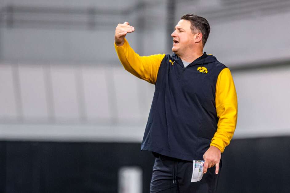 Iowa offensive coordinator Brian Ferentz gives instructions during a spring practice in Iowa City on Sunday, April 30, 2023. (Nick Rohlman/The Gazette)