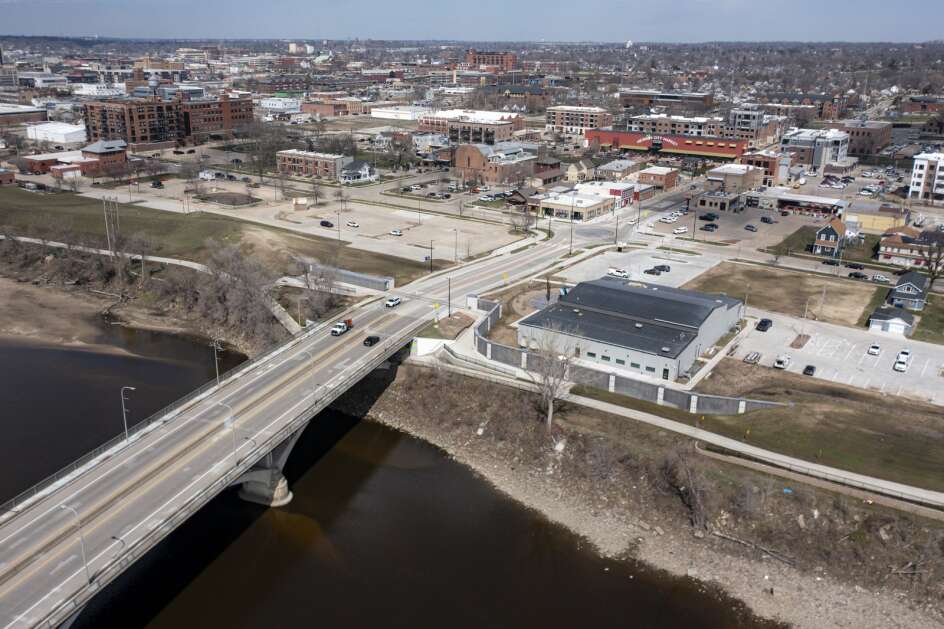 The 12th Avenue SE floodgate in Cedar Rapids, part of the city’s $750 million flood protection plan, is seen Thursday in an aerial photograph. The $6.39 million project was made possible with federal funding from the Army Corps of Engineers. (Nick Rohlman/The Gazette)