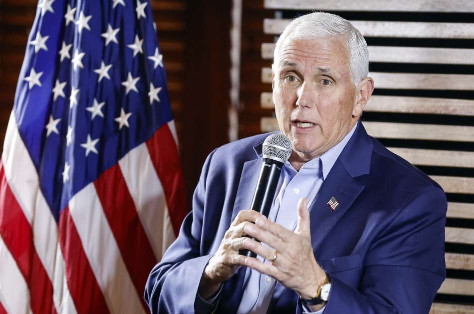Former Vice President Mike Pence speaks during a Linn Eagles Luncheon and Fireside Chat at the Cedar Rapids Country Club in southeast Cedar Rapids, Iowa, on Wednesday, March 29, 2023. Pence also signed copies of his book "So Help Me God" after the luncheon and chat. (Jim Slosiarek/The Gazette)
