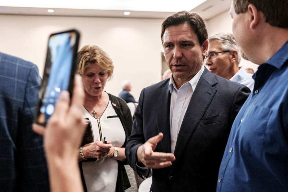 Florida Gov. Ron DeSantis greets supporters following an event at The Hotel at Kirkwood Center in Cedar Rapids on Saturday. (Nick Rohlman/The Gazette)
