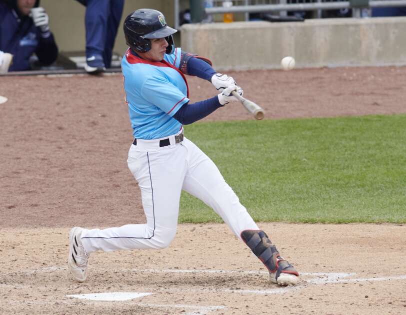 Cedar Rapids Kernels’ Noah Cardenas (41) singles in the sixth inning of a Midwest League baseball game againts West Michigan Whitecaps at Veterans Memorial Stadium in Cedar Rapids on Sunday, April 30, 2023. (Cliff Jette/Freelance)