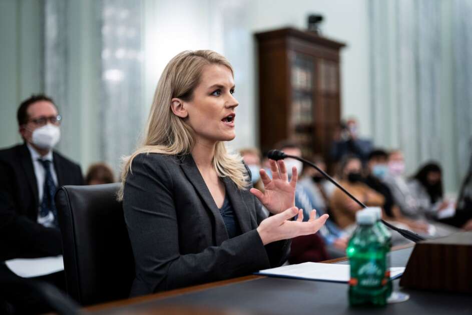 Former Facebook data scientist Frances Haugen speaks Oct. 5, 2021, during a hearing of the U.S. Senate Commerce, Science and Transportation Subcommittee on Consumer Protection, Product Safety and Data Security on Capitol Hill in Washington. (Jabin Botsford/Washington Post via AP)