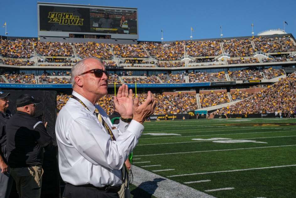 Iowa Athletic Director Gary Barta looks on during a game between the Iowa Hawkeyes and the Northwestern Wildcats at Kinnick Stadium in Iowa City, Iowa on Saturday, October 29, 2022. The Hawkeyes defeated the Wildcats 33-13. (Nick Rohlman/The Gazette)