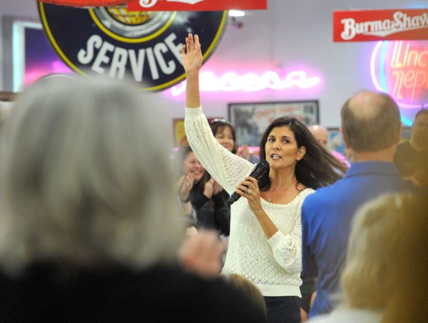 Nikki Haley, former South Carolina governor and the U.S. Ambassador to the United Nations under the Trump administration, and now presidential candidate, speaks at Dahl Old Car Home Friday in Davenport. (Gary L. Krambeck/Quad City Times)