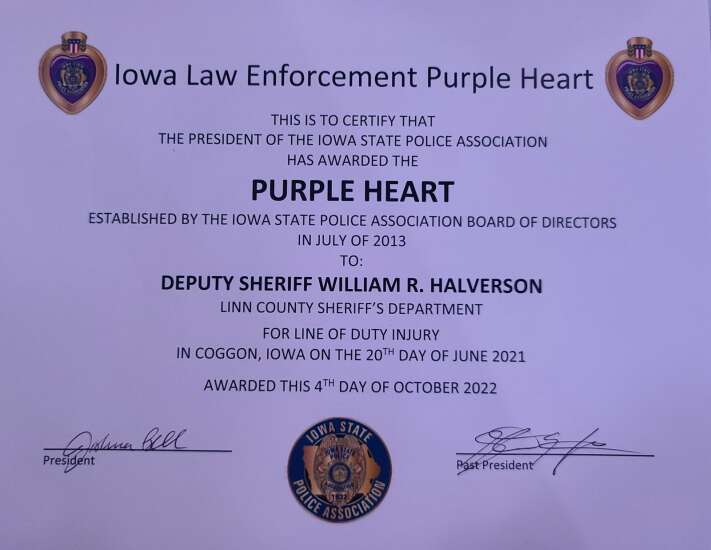Linn County deputy awarded Iowa Law Enforcement Purple Heart Award