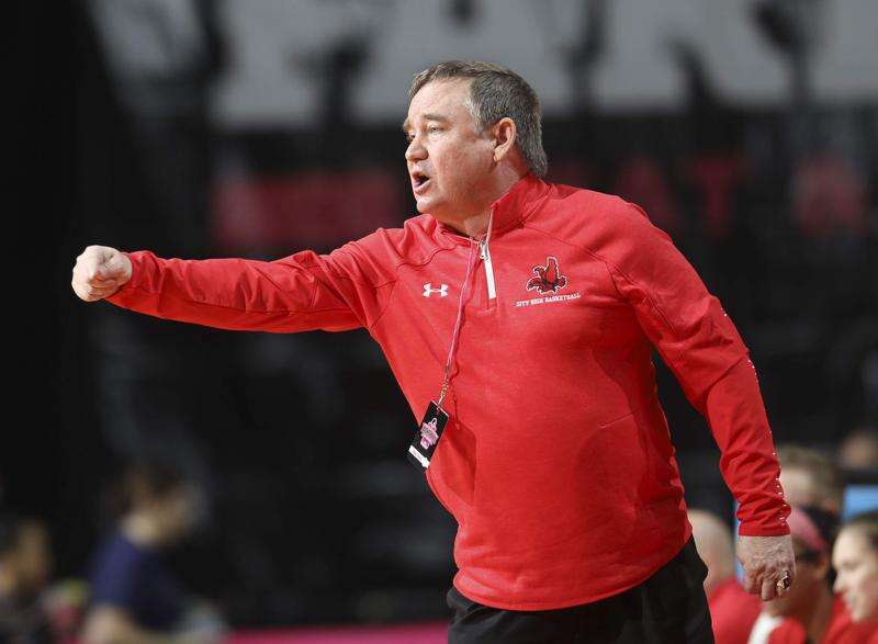 Iowa City High coach Bill McTaggart encourages players during their Class 5A quarterfinal game at the IGHSAU girls' high school state basketball tournament at the Wells Fargo Arena in Des Moines on Monday, March 2, 2020. City High defeated Cedar Rapids Prairie, 59-40. (Rebecca F. Miller/The Gazette)