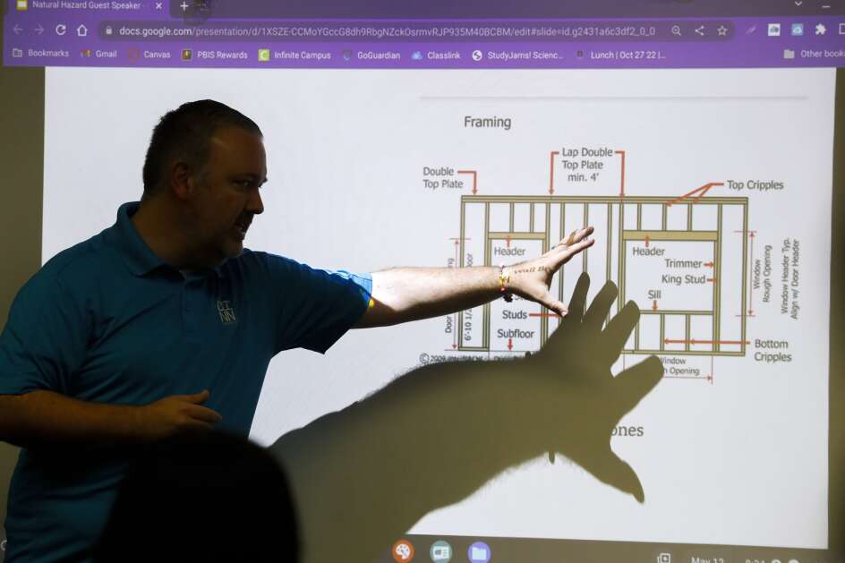 Linn County associate combination building inspector Ryan Sampica gives a presentation on building codes, building practices and how they relate to natural disasters to Valerie Sampica's sixth grade class at Roosevelt Creative Corridor Business Academy in southwest Cedar Rapids, Iowa, on Friday, May 12, 2023. (Jim Slosiarek/The Gazette)
