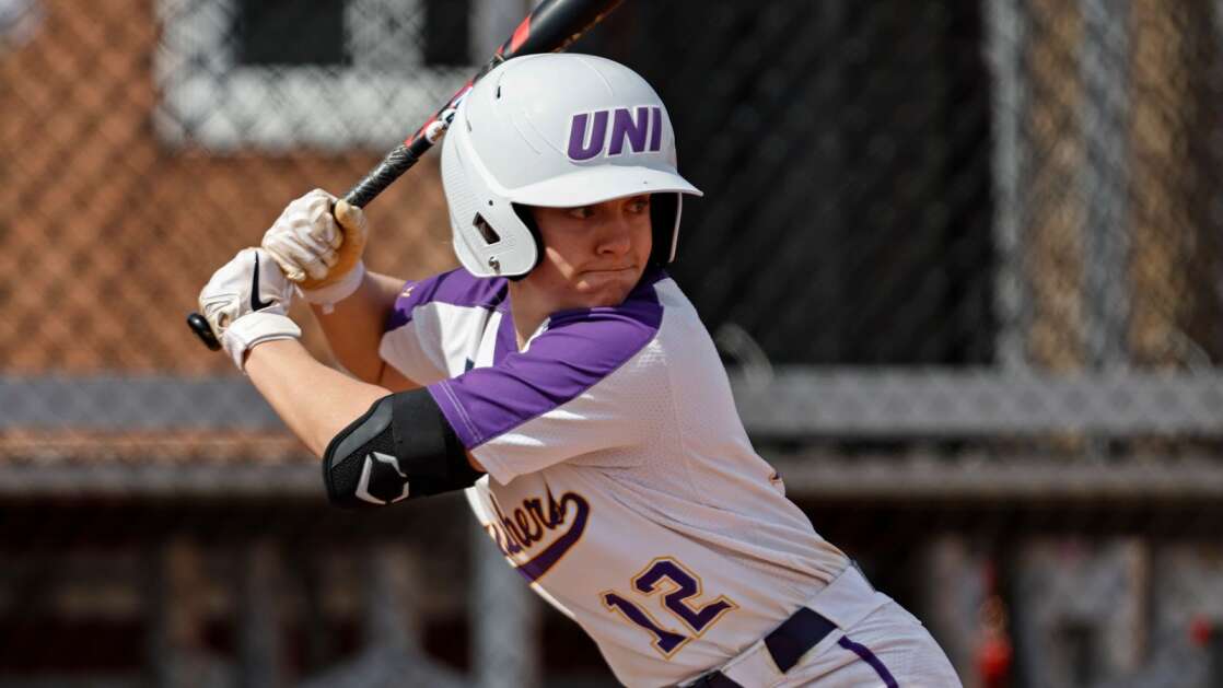 UNI's Mya Dodge swings at a pitch during an NCAA college softball game against Bellarmine, Friday, March 4, 2022, in Clarksville, Tenn. (AP Photo/Wade Payne)