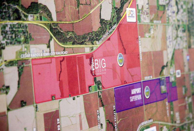 A map shows the location of the Big Cedar Industrial Center is seen during the announcement that the Big Cedar Industrial Center has achieved official Mega Site certification during a presentation at the Alliant Energy hangar at The Eastern Iowa Airport in southwest Cedar Rapids on Oct. 24, 2018. (Jim Slosiarek/The Gazette)