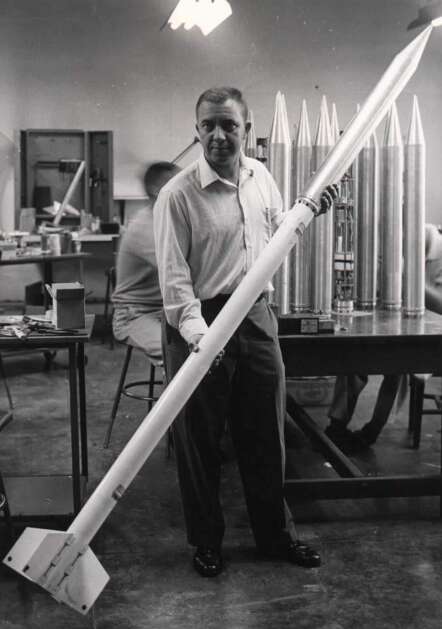 Loki rockets like this one were used by James Van Allen in the mid-1950s to collect data on the Earth's upper atmosphere. Van Allen tethered the military-surplus rockets to high-altitude weather balloons that carried them to 50,000 feet before ignition. Van Allen termed the rocket-balloon devices ‘'rockoons.'