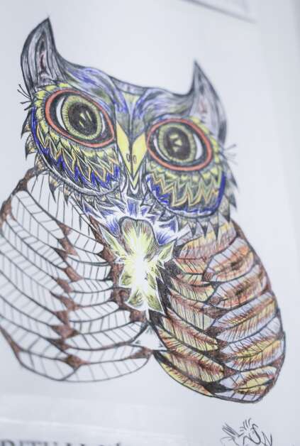 An owl drawn in pen and colored pencil is one of the pieces by artist Shawn Lurkens during a reception for the Art from the Inside Out art show at Public Space One, 538 S Gilbert St., in Iowa City, Iowa, on Friday, February 2, 2024. The non-profit helps former inmates get settled into the community as they reenter society. The show features the work of people who have been incarcerated. The show is meant to celebrate the talent and work of the artists as well as promote public awareness of the humanity and resilience of incarcerated people. (Jim Slosiarek/The Gazette)