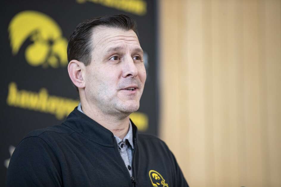 Incoming Iowa offensive coordinator and quarterbacks coach Tim Lester speaks during a press conference at the Hansen Football Performance Center in Iowa City, Iowa on Tuesday, February 6, 2024. (Nick Rohlman/The Gazette)