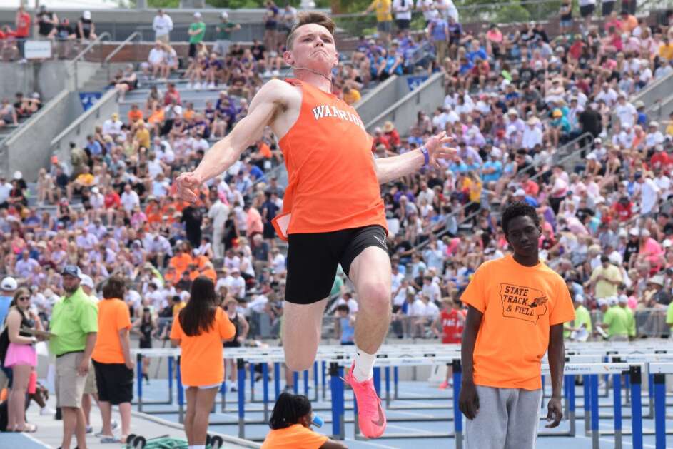 Van Buren County’s Wyatt Mertens leaps during the Class 2A long jump at the Iowa High School Track and Field Championship at Drake Stadium. Mertens finished eighth overall. (Hunter Moeller/The Union)