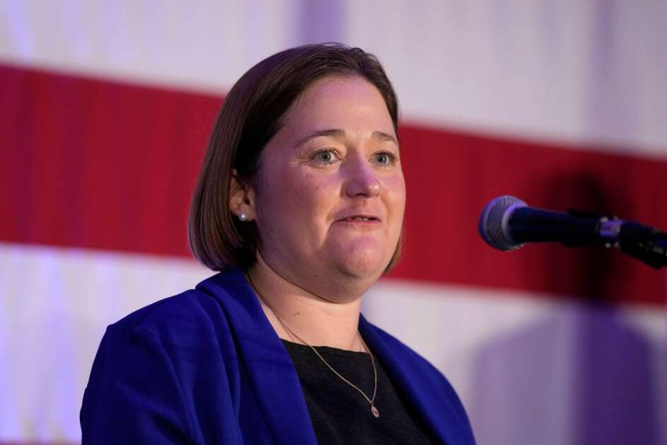 Iowa Republican Attorney General candidate Brenna Bird speaks during a Republican Party of Iowa election night rally, Tuesday, Nov. 8, 2022, in Des Moines, Iowa. (AP Photo/Charlie Neibergall)