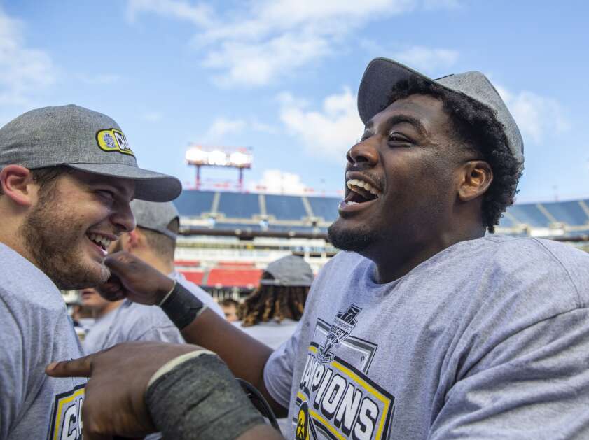 Iowa defensive lineman Deontae Craig (45) smiles as he yells, “Sam LaPorta is the best tight end in the country,” while celebrating after the Music City Bowl at Nissan Stadium in Nashville on Saturday, Dec. 31, 2022. (Savannah Blake/The Gazette)