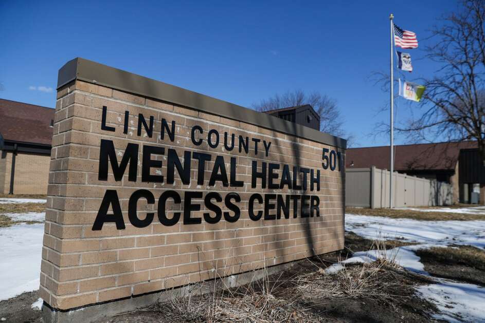 The noon sun beats down in March 2022 on the Linn County Mental Health Access Center in Cedar Rapids. (Geoff Stellfox/The Gazette)