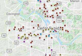 Map of unsafe buildings in Cedar Rapids after the Iowa derecho storm