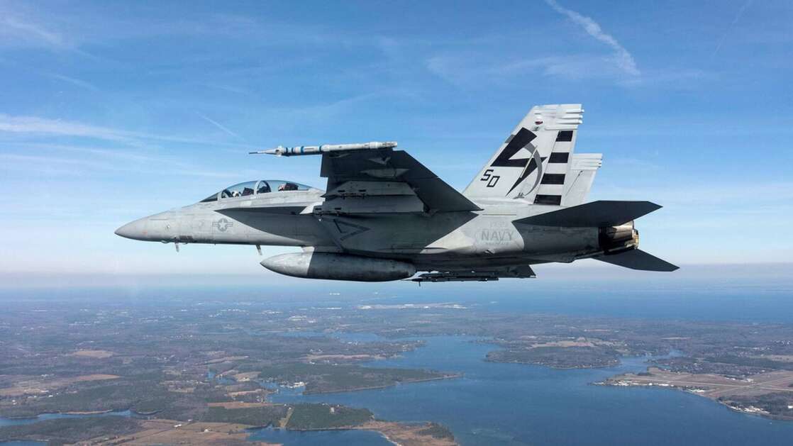 A U.S. Navy F/A-18 jet is shown. Collins Aerospace, the largest private employer in Cedar Rapids, has delivered a new training system to the Navy for air-to-ground and air-to-air communication. (Raytheon Technologies) 