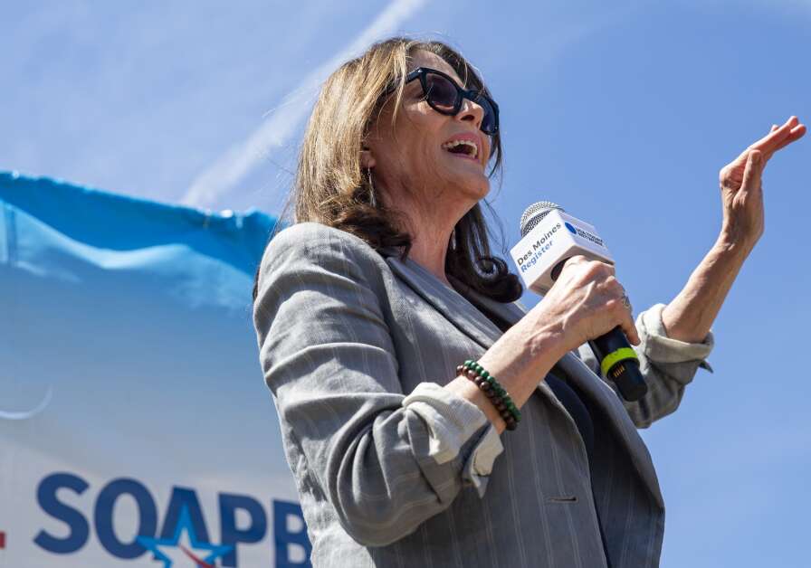 Democratic presidential candidate Marianne Williamson speaks Aug. 12 to a crowd during at the Des Moines Register Political Soapbox during the Iowa State Fair in Des Moines. (Savannah Blake/The Gazette)
