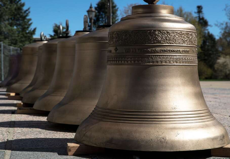 The seven largest bells await placement on Wednesday, May 3, 2023, at the University of Northern Iowa in Cedar Falls, Iowa. (Geoff Stellfox/The Gazette)