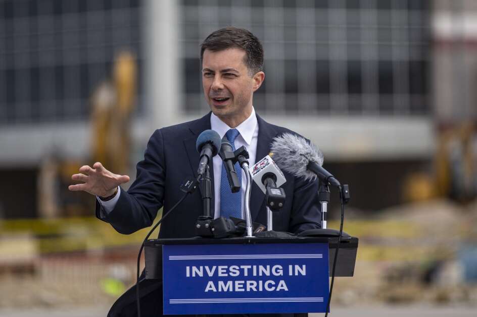 U.S. Secretary of Transportation Pete Buttigieg speaks during a Thursday event at The Eastern Iowa Airport in Cedar Rapids. The airport received a $20 million grant funded by the 2021 Infrastructure Investment and Jobs Act. (Nick Rohlman/The Gazette)