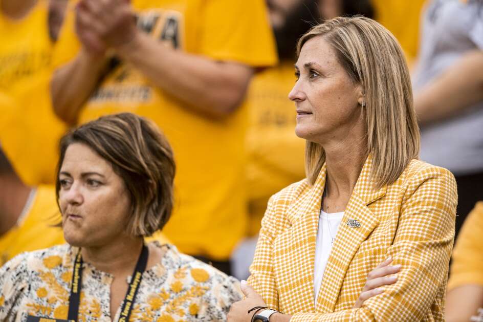 Iowa State interim athletic director Beth Goetz (right) watches Sept. 16 during a football game between the Iowa Hawkeyes and the Western Michigan Broncos at Kinnick Stadium in Iowa City.  The Hokies defeated the Broncos, 41-10.  Goetz was named on Thursday as Iowa State's new permanent director of athletics.  (Nick Ruhlman/The Journal) I
