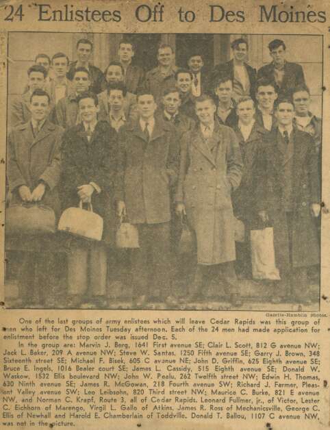 Mike Bisek is seen in an undated Gazette clipping with a group of 24 military enlistees before leaving for training in 1942. (Mike Bisek)