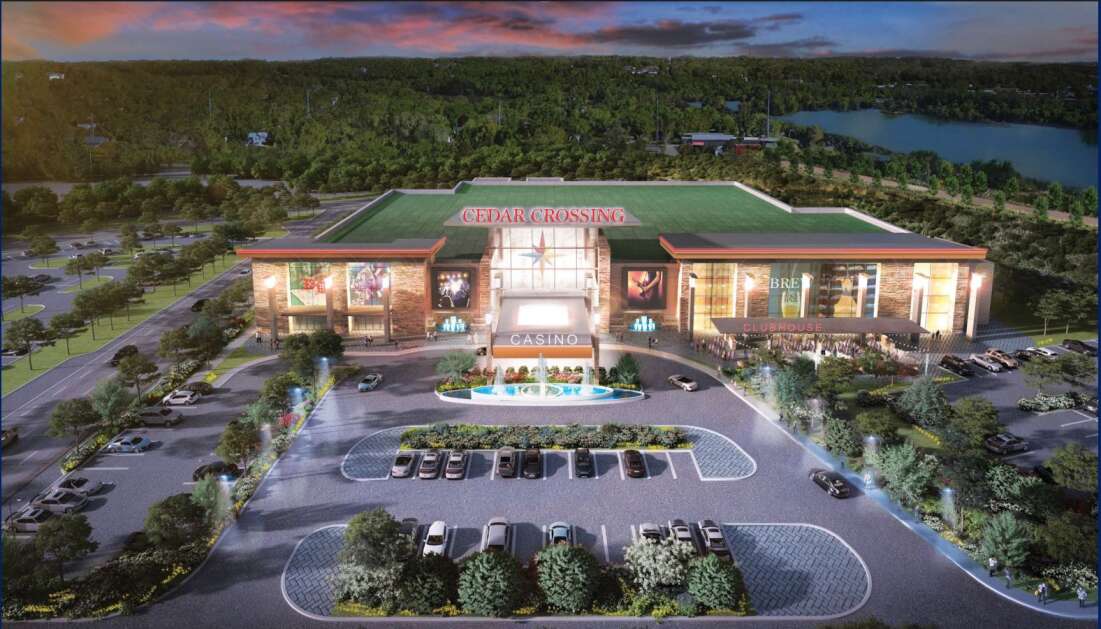 The proposed Cedar Crossing casino, a $250 million, 160,000 square-foot entertainment and cultural arts complex on the old Cooper's Mill site in Cedar Rapids, is shown in a rendering. (Courtesy Peninsula Pacific Entertainment)