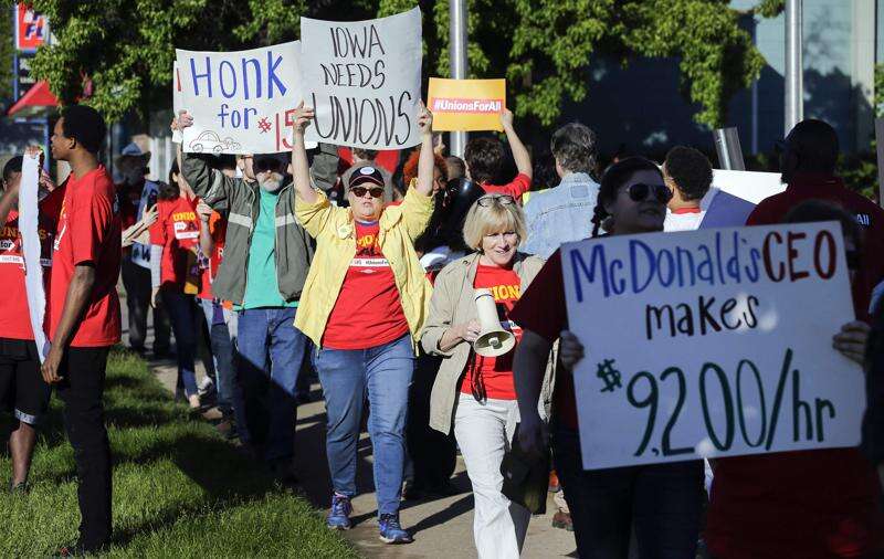 Cedar Rapids McDonald’s employees, demonstrators call for chain to serve up higher wages, union rights