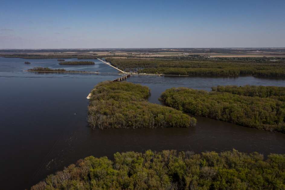High water on the Mississippi River at lock and dam 13 is seen in an aerial photo from Eagle Point Park in Clinton on Wednesday. (Nick Rohlman/The Gazette)